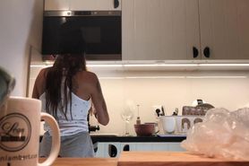 Braless Brunette Hot Tight Pussy No Panties in the Kitchen finishes the Dishes