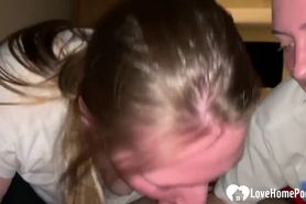 Girlfriend brings her sister to give me a double blowjob for birthday