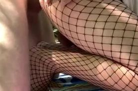 Boy in fishnets gets creampied by daddy in public park