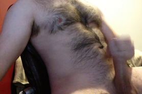 jerking my huge cock till i cum huge loads on my hairy chest