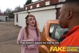 Fake Driving School Redhead horny minx quirts on mechanics big black dick