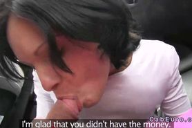 Dark haired amateur blowjob and handjob in fake taxi
