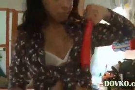 Cuttie at work using huge red vibrator