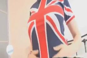 Teen stripping out of union jack shirt