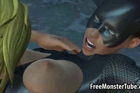3D Catwoman getting her pussy licked on a rooftop