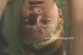 Blonde bitch tied like a hog in underground room where pervert ma
