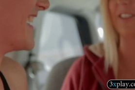 Guy wears strapon dildo and fucked blondie in the van