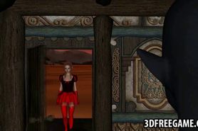 3D redhead elf babe sucking on a monsters hard cock