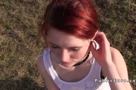 Dude shoots sex with pretty redhead outdoor