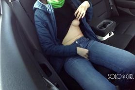 Masturbation innocent girl got on a spy cam in Uber, public play with pussy