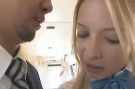 Blonde schoolgirl accidentally touched gets willingly fucked by shy Asian man on school bus