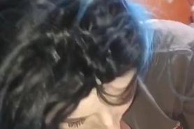 Hot blue haired bitch sucks cock