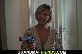 GRANDMA FRIENDS - Robbery leads to old mom threesome fuck