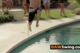 Pool party with swingers with big tits and big cocks get new couples horny enough to start fucking