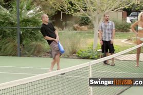 Gorgeous couple joins other swingers in the tennis courts