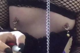 Sissy superglues nipple clamps on and rides bad dragon