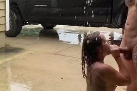 Tattooed guy gets blowjob on front porch in pouring rain