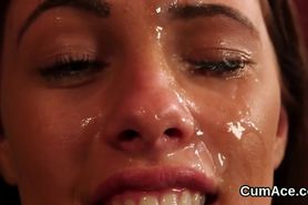 Unusual honey gets cumshot on her face eating all the semen