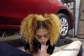 Ebony spinner bangs big cock in car shop