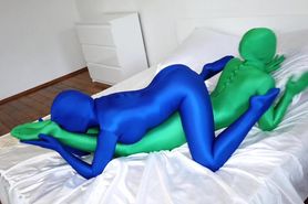 Green and Blue Zentai Lesbians