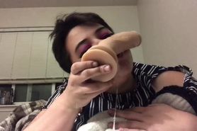 cute chubby femboy gags and drools on big dildo
