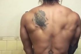 Fbb pumps & flexes her rough sexy back muscles in bathroom