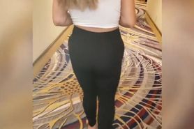 Walking down hotel hallway in see through leggings with thong with lucky guy im a slut