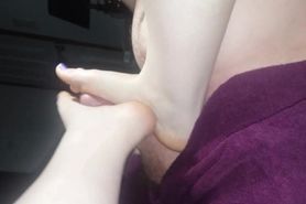Quick Footjob - he cant hold back his massive load