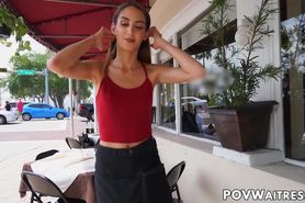 Small tits waitress Natalia Nix fed cum after POV pounding