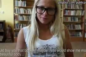Nerdy amateur Czech girl flashes and asshole banged in library