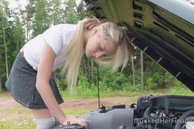 Sweet blonde tries to fix the car but gets fucked instead