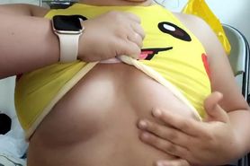 Teen Pokémon trainer wears pikachu and plays with her small boobs and nipple piercings