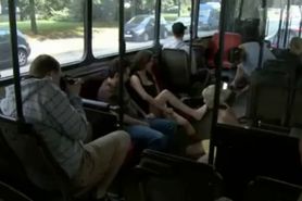 Pink blonde tied gets fucked in her mouth in public transport the