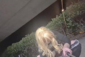 Small dick shemale sissy whore flashes and rides huge dildo in public
