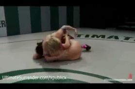Blonde and brunette naked babes wrestling for title