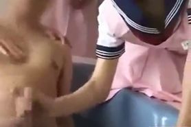 Japanese nurse caregivers give geezer a handjob with cumshot