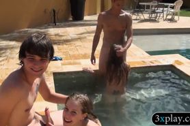 Slender babes get their wet pussies pounded by the pool