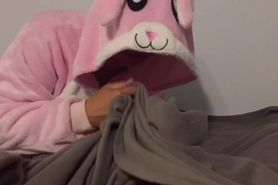 Fleece handjob from girl in bunny onesie