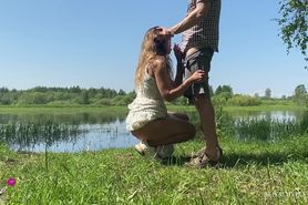 Passionate Sex of a Teen Amateur Couple by a Summer Lake Outdoor