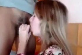Blonde girl first gives a nice blowjob then rides his dick