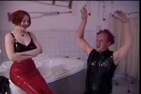 Femdom leads her male submissive to bathroom