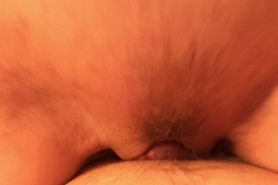 Rubbing wet hairy pussy against big dick