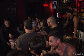 Euro slave in red dress fucking in bar