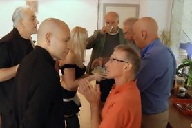 Sexy teen waitress is gangbanged by a group of grandpas at the office