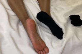 Ebony Sock & Foot Play While Masturbating & Getting White Dick