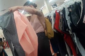 Small boobs girl BRALESS with hard nipples shopping