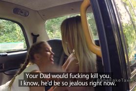 Young blonde licks huge boobs cab driver in fake taxi