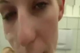 Slut gets facial in a public toilet then walks in public totally naked with cum on face