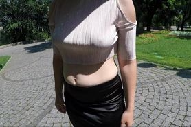 Public Flashing No Bra Tits On Sidewalk And Piss Standing In A Skirt - Super Hot Braless
