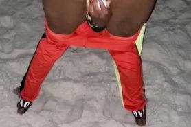 Sexy ebony fingering pussy and fucking dildo on public beach